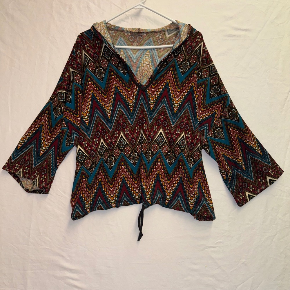 Vision USA Womens Chevron Geometric Print Hooded Drawstring Hem Top Large